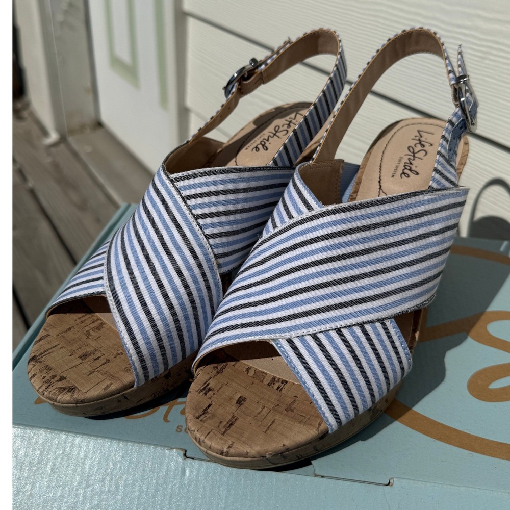 LifeStride Sandals Women 8.5 Blue Striped Block Heel‎ Cork Slingback Strappy NIB